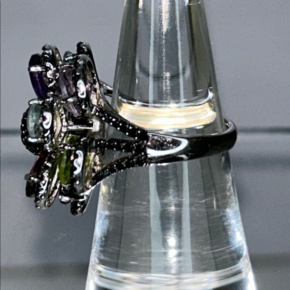 NWOT Multi Genuine Gemstone Sterling Silver Designer Floral Themed Ring Bohemian - Picture 4 of 7